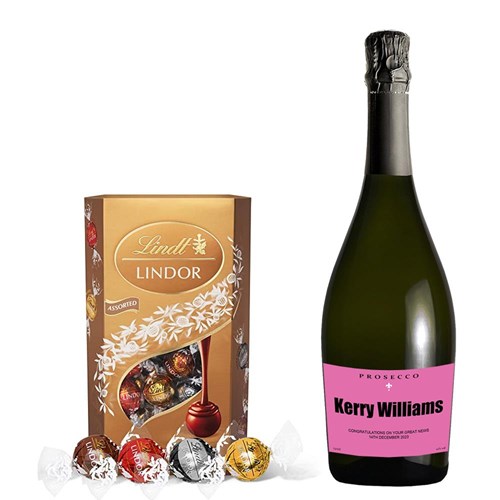 Personalised Prosecco - Pink Label With Lindt Lindor Assorted Truffles 200g
